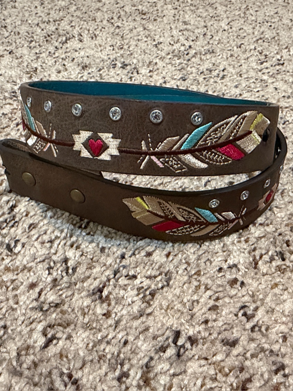 Girls Embroidered Feather Pattern Brown Belt